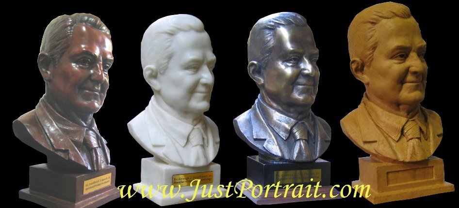 Custom Bronze Portrait, Memorial Bust, Portrait Sculpture Commissions cast in various materials, bronze bust, cast marble bust, and resin faux bronze bust and original clay bust