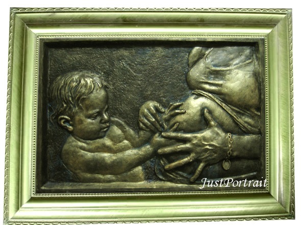 Custom low relief portrait in bronze, framed