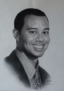 Fine Art B & W custom portraits from photo, Tiger Woods Charcoal Portrait